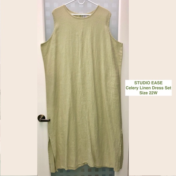 🎉HP🎉 STUDIO EASE Linen A-Line Maxi + Dress Jacket Set Celery Green Vintage 22W - Picture 4 of 16